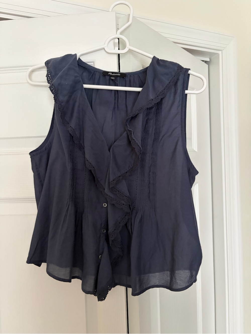 Madewell Navy Ruffle Front Sleeveless Blouse